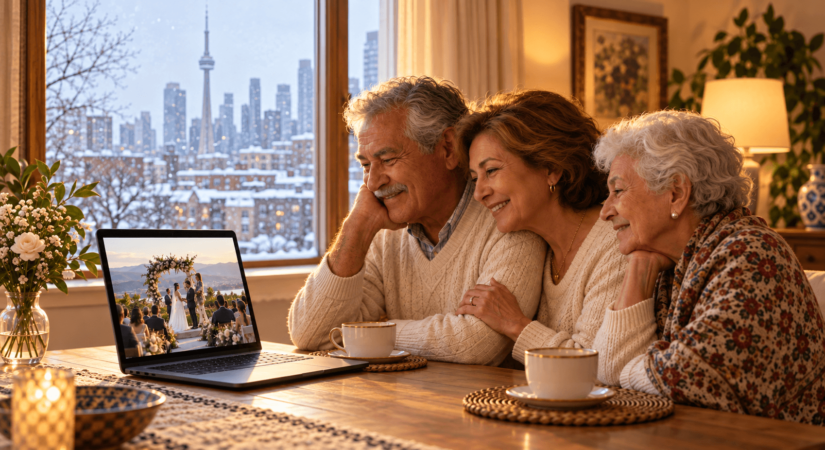 A family gathered around a laptop watching a wedding livestream together