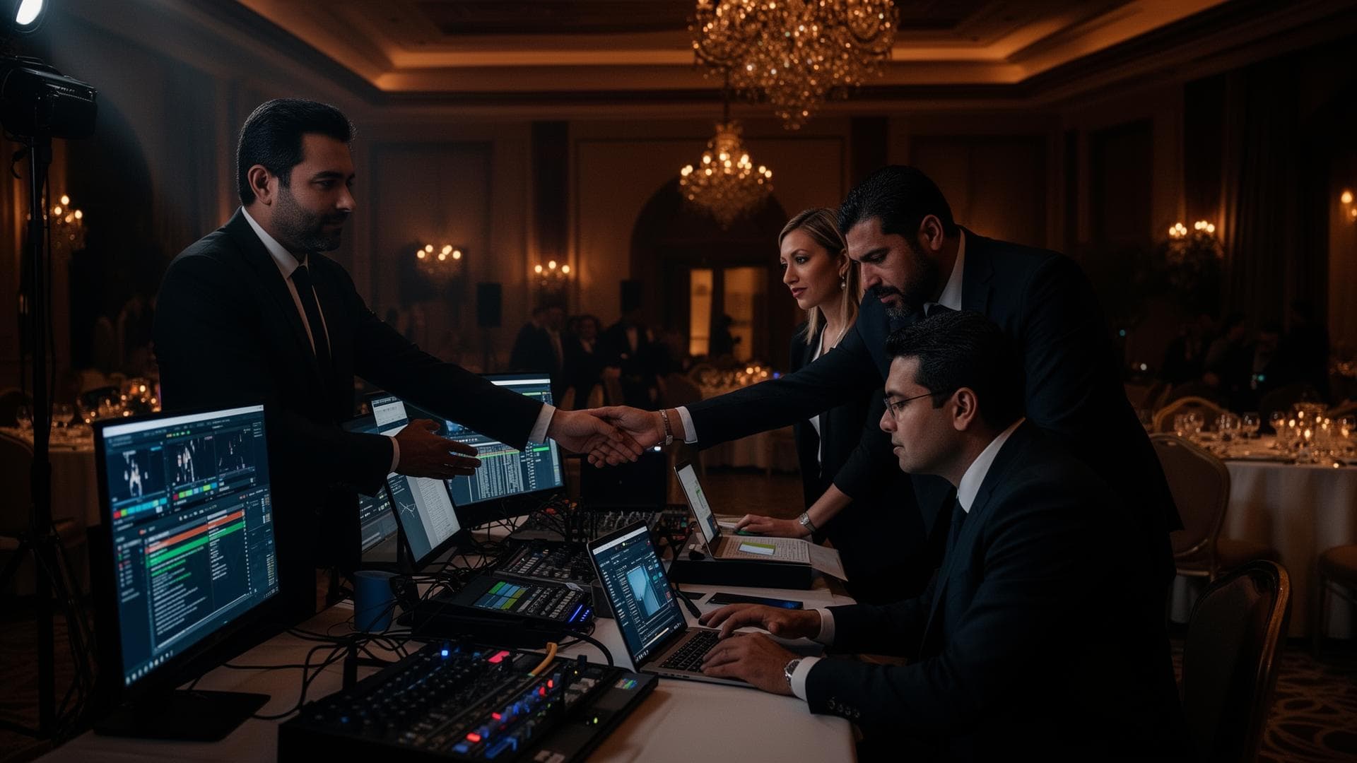 A livestream production team coordinating with the planning team at an evening wedding reception.