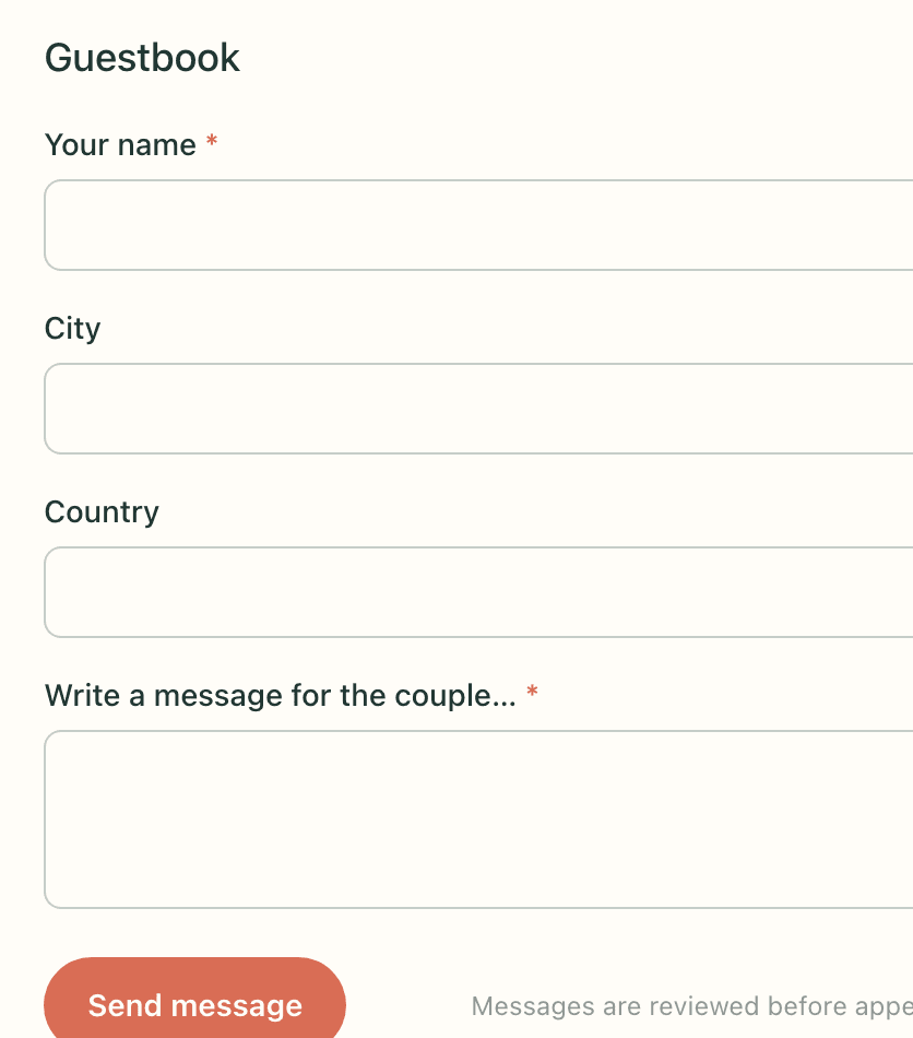 Wedding page guestbook form where guests can leave their name, location, and a message