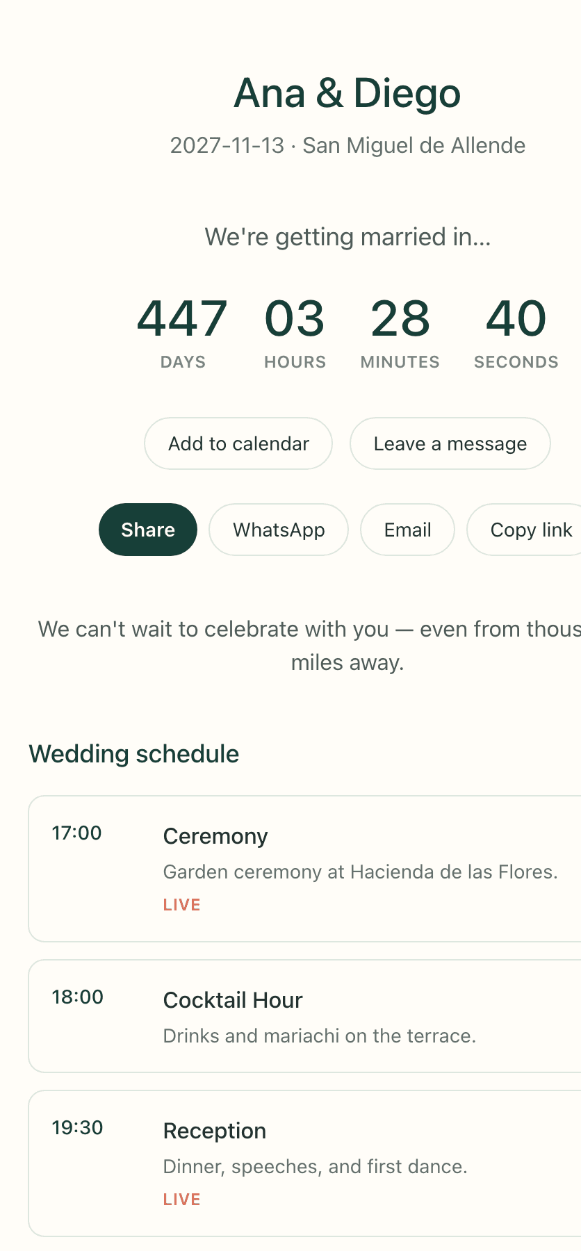 Wedding page showing a countdown to the ceremony, with add-to-calendar and share buttons