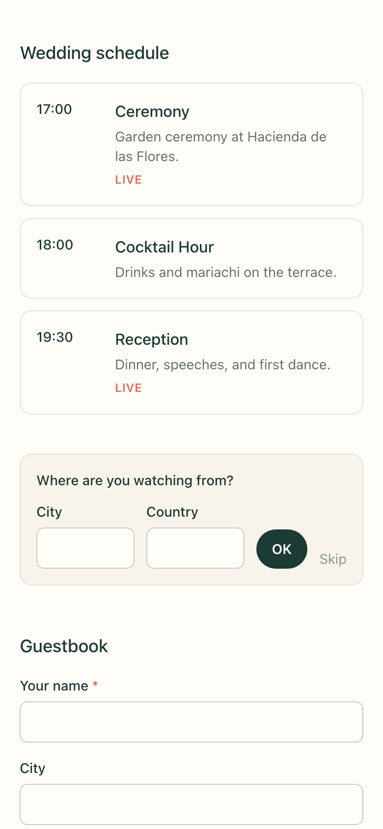 Sección de itinerario de la página de boda con la ceremonia, cóctel y recepción con sus horarios