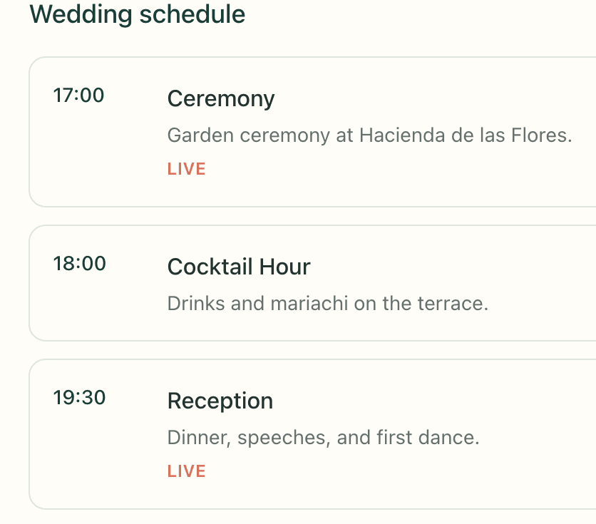 Wedding page schedule section listing the ceremony, cocktail hour, and reception with times